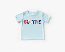 Load image into Gallery viewer, Patriotic Alpha Doodle Custom Kids Name Tee
