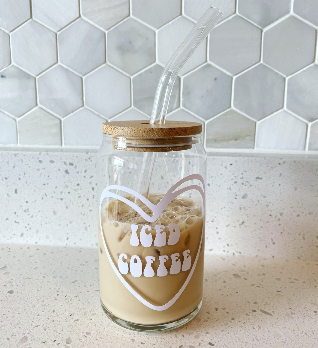 16oz Custom Iced Coffee / Drink Glass with Lid + Glass Straw