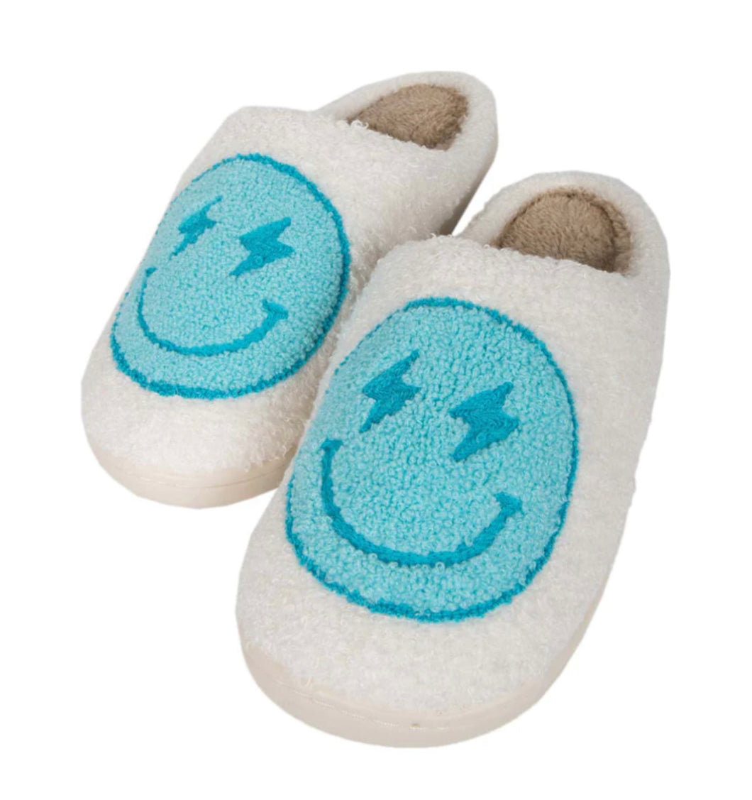 Turquoise and White Lightning Happy Face Slippers