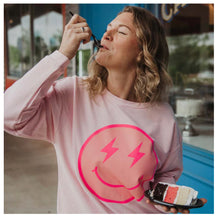 Load image into Gallery viewer, Pink Lightning Happy Face Corded Sweatshirt
